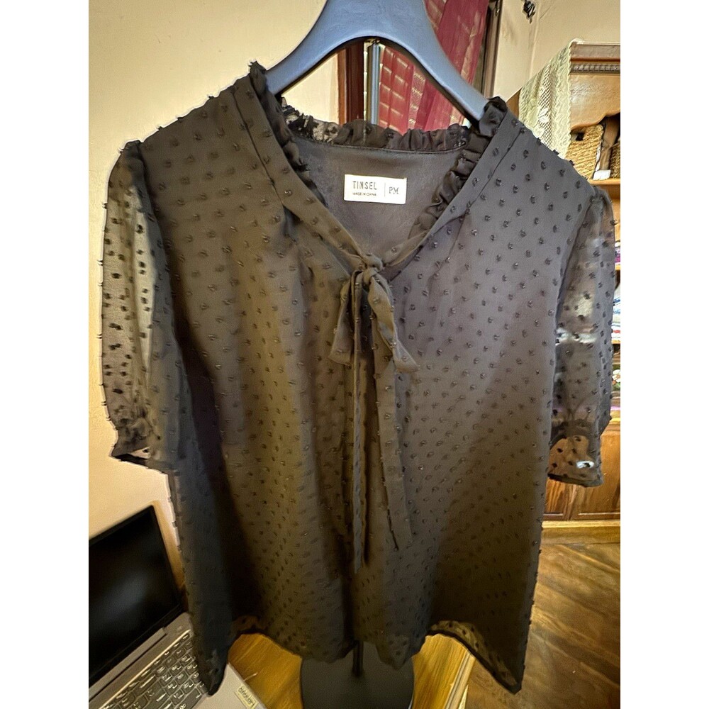 Tinsel Women’s PM Black Swiss Dot Ruffle Tie Neck Blouse Sheer Sleeves